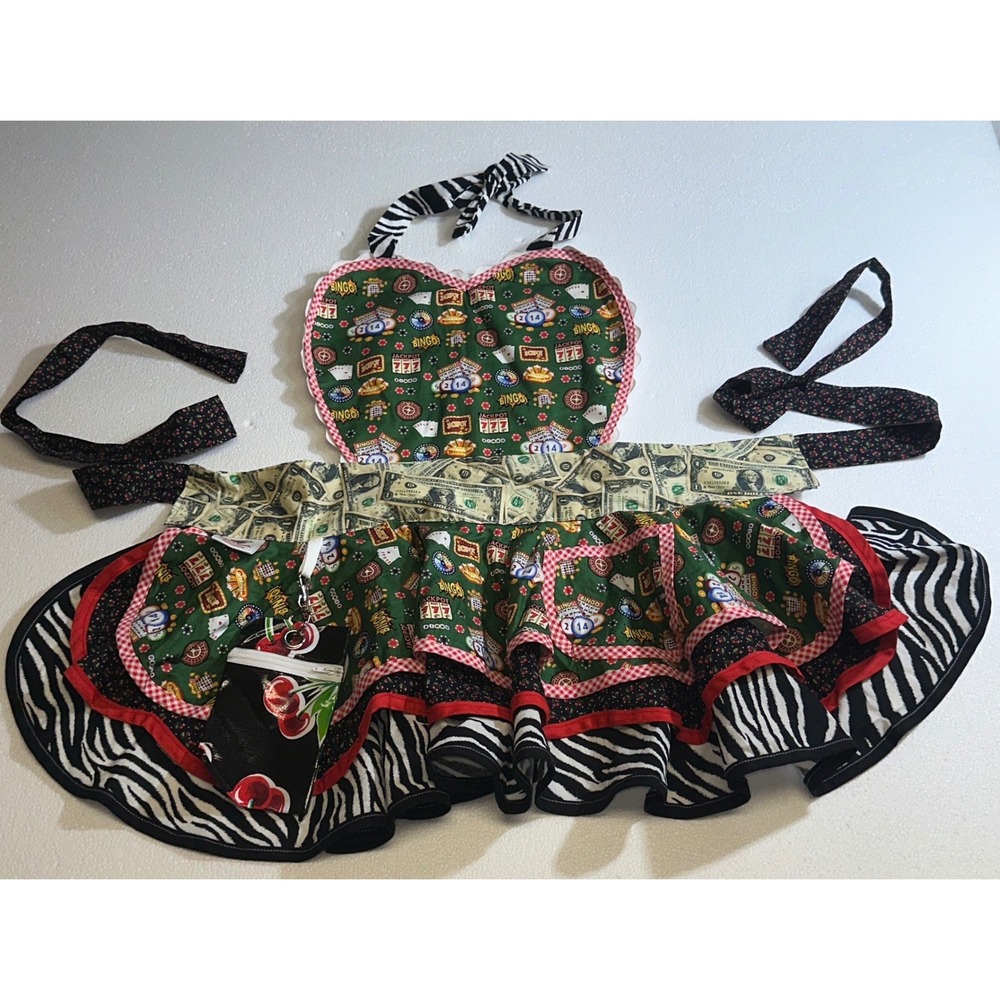 Sugar's Secrets Retro Ruffle Apron Cherry Zebra‎ Novelty Print Detachable Pouch